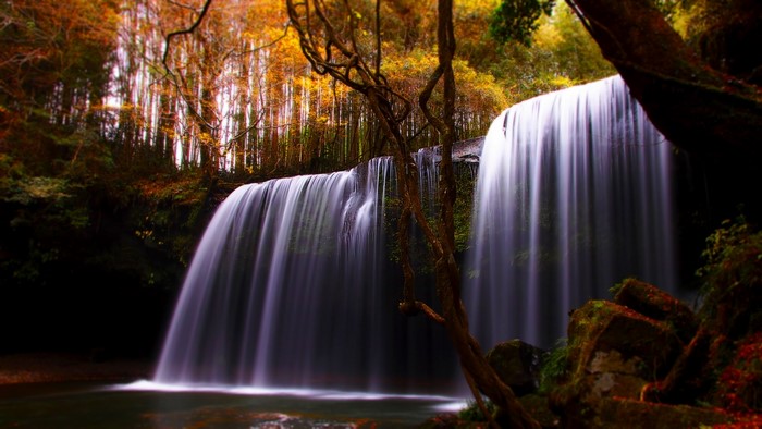 Waterfall in a forest with autumn foliage