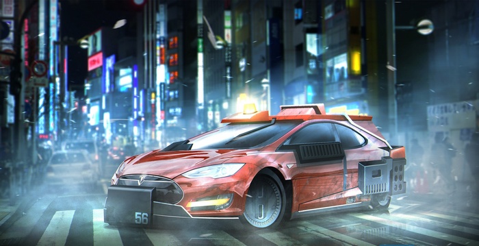 Tesla Model S in Blade Runner city, 4K