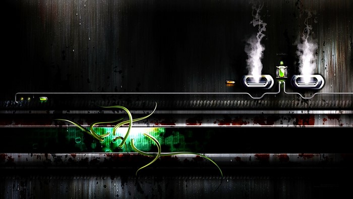 Industrial machinery with green vines and blood stains