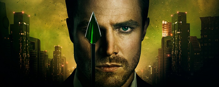Oliver Queen from Arrow with a green arrow