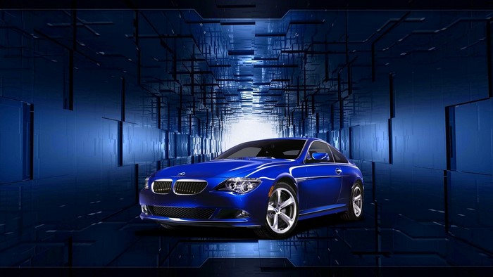 Blue BMW coupe in futuristic tunnel