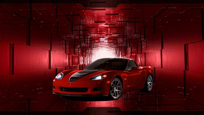 Red Corvette C7 in a Futuristic Tunnel