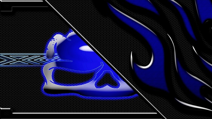 Blue and black abstract design with skull