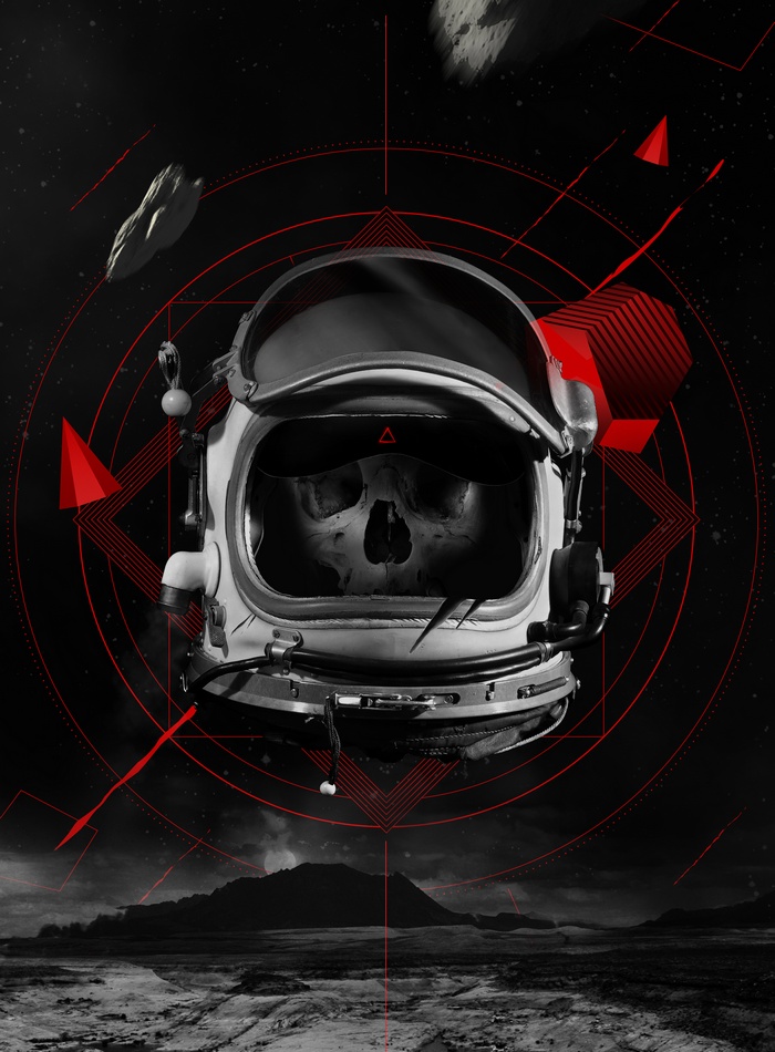 Astronaut helmet with skull and space background