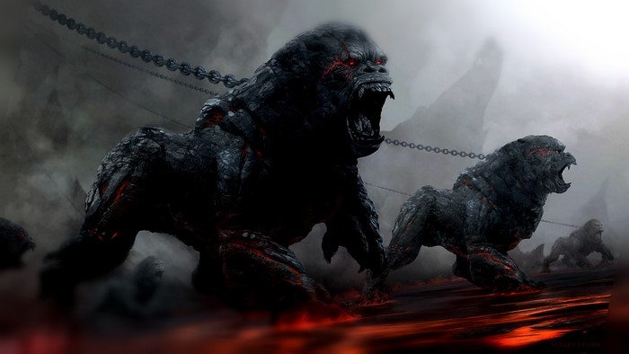 Chained Gorillas with glowing red eyes in a smoky landscape
