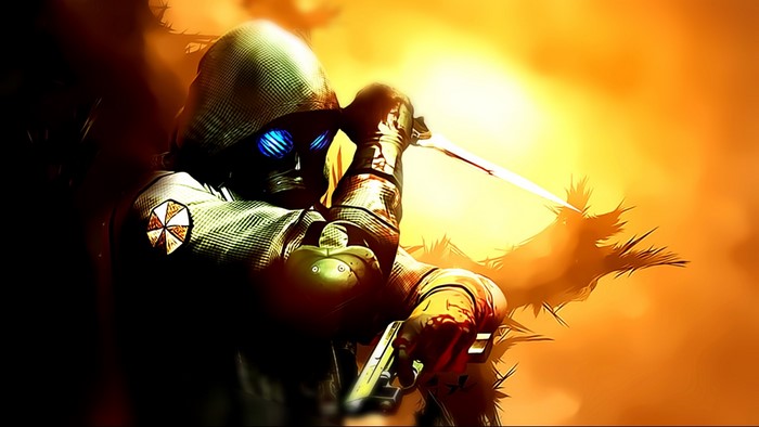 HUNK from Resident Evil holding a knife