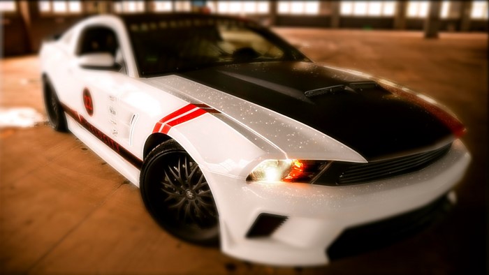 White Ford Mustang with Black Hood and Red Stripes