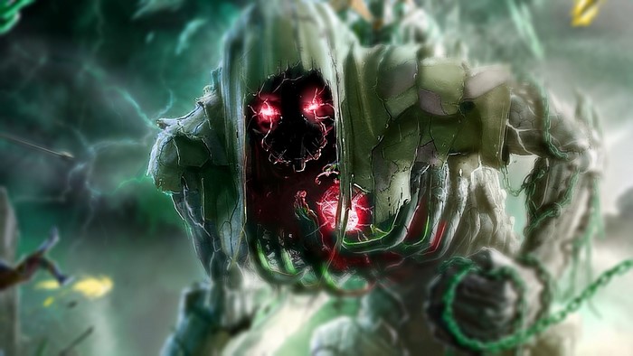 A monstrous creature with glowing red eyes