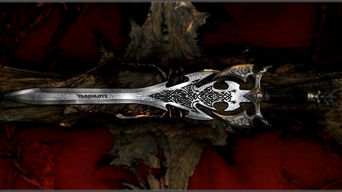 Dragonslayer sword on a wooden surface