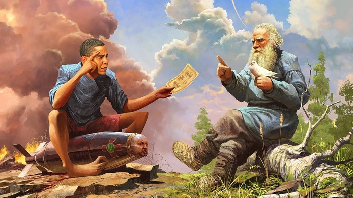 Barack Obama on a bomb with a man's head, offering money to an old man with a dove