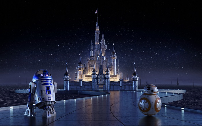 R2-D2 and BB-8 in front of Disney Castle 4K
