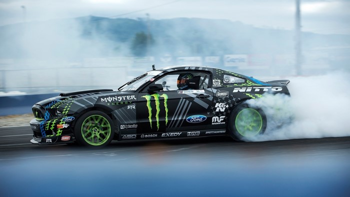Ford Mustang drift car with Monster Energy livery