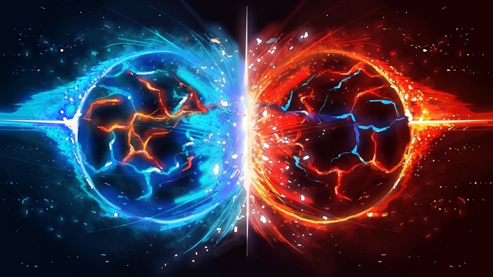 Abstract collision of blue and red energy spheres