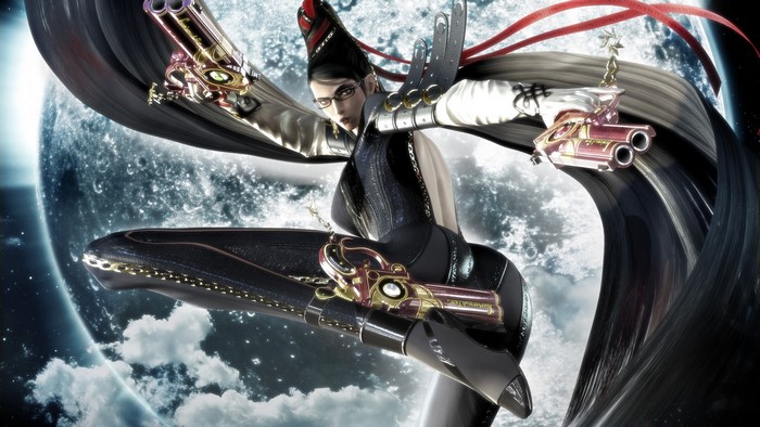 Bayonetta with guns in front of the moon
