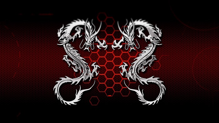 Four Cyber Dragons on Red Hexagonal Background