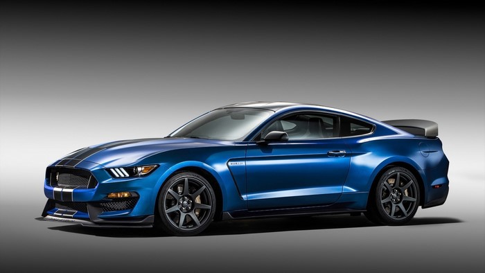 Blue Ford Mustang Shelby GT350R with racing stripes