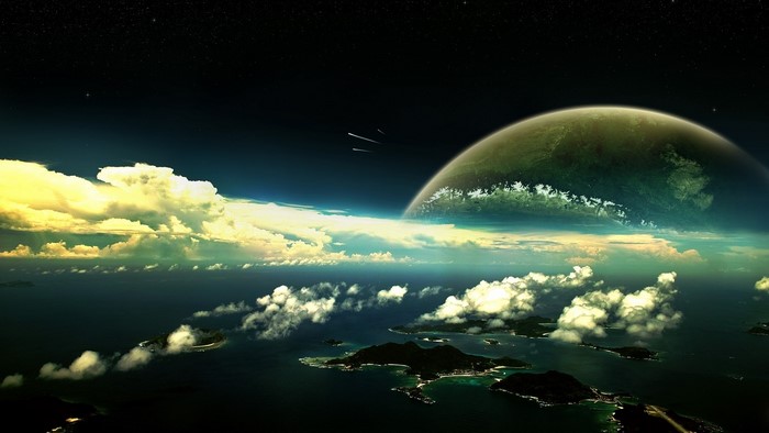 Planet over islands and ocean with clouds