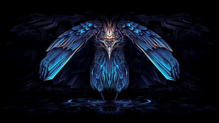 Abstract blue bird creature with glowing wings