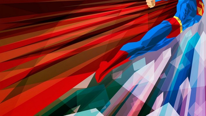 Superman flying over abstract crystals