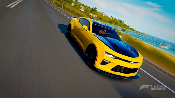 Yellow and blue Chevrolet Camaro from Forza Horizon 3