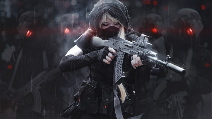 Woman in tactical gear holding a rifle in the rain