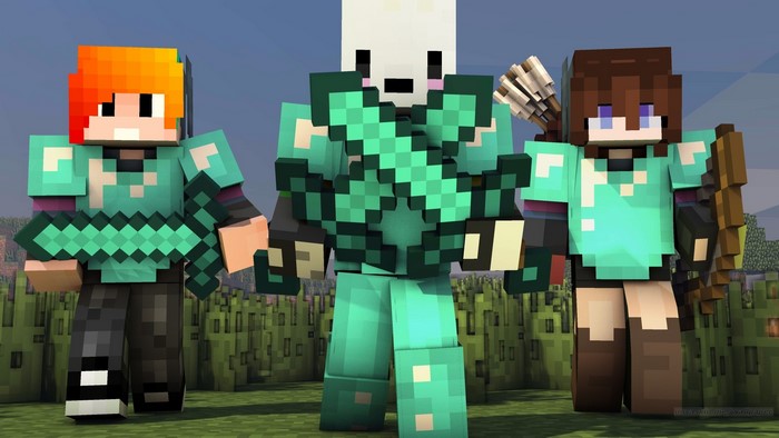 Minecraft characters with diamond armor and swords