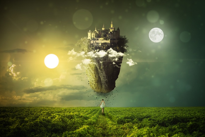 Girl walking towards a floating castle between day and night