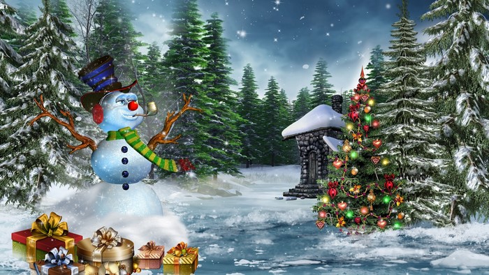 4K New Year Snowman and Christmas Tree