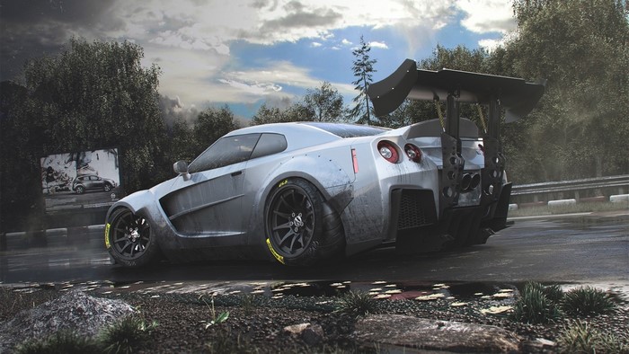 Nissan GT R with a large rear spoiler