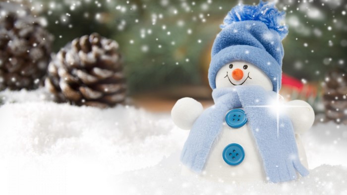 Snowman with blue hat and scarf in snow