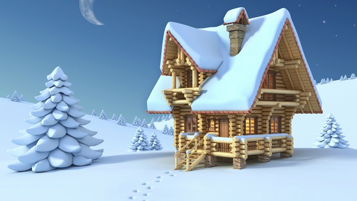 4K snowy log cabin in winter landscape