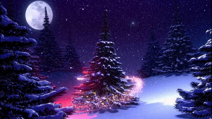 Snowy forest at night with full moon