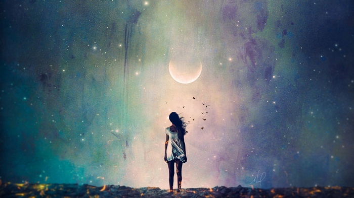 Woman standing under a crescent moon and starry sky