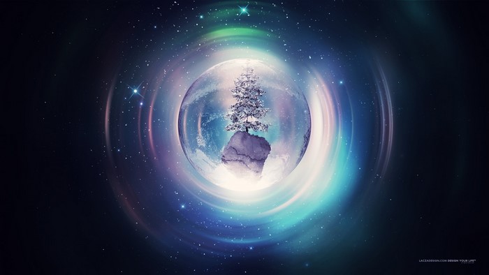 Christmas tree on a rock in a cosmic sphere