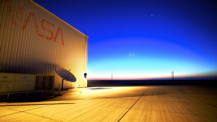 NASA Hangar at Dusk with Satellite Dish
