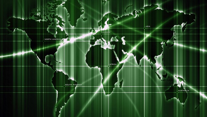 Green World Map with Digital Grid and Light Beams