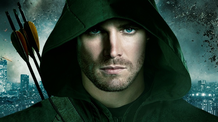 Oliver Queen from Arrow with Arrows and City Background