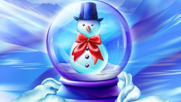 Snowman in a snow globe with a red bow