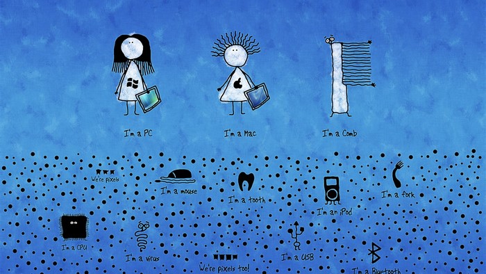 Funny computer icons and characters on blue background