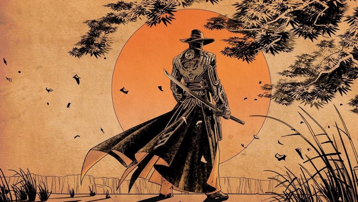Samurai with Katana in front of a large orange sun