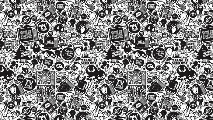 Collage of Black and White Graphics with Text