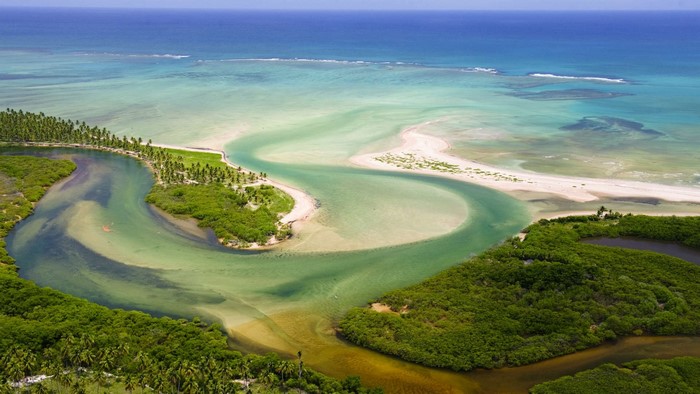 Tatuamunha River aerial view with ocean and mangroves
