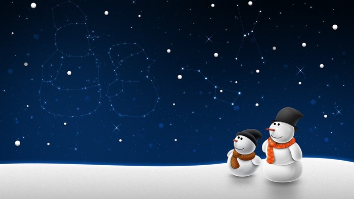 Two snowmen under a starry night sky with constellations