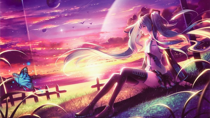 Miku Anime Girl with Blue Butterfly at Sunset