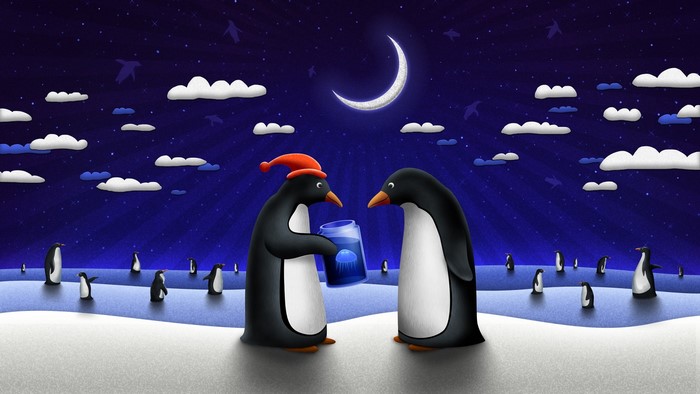 Penguins under the night sky with a crescent moon
