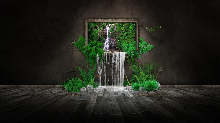 Waterfall in a Frame with Plants