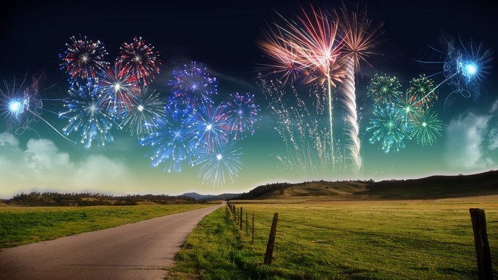 New Year Fireworks Over Rural Landscape