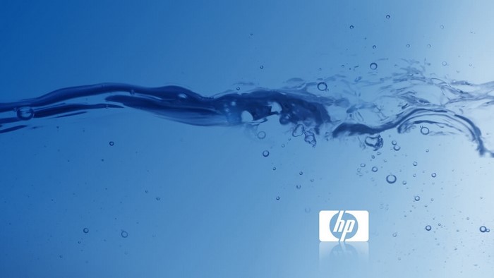 HP logo on blue water background