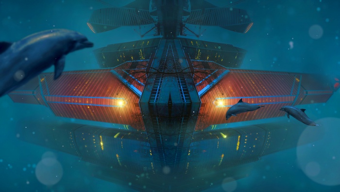 4K Underwater Futuristic Architecture with Dolphins