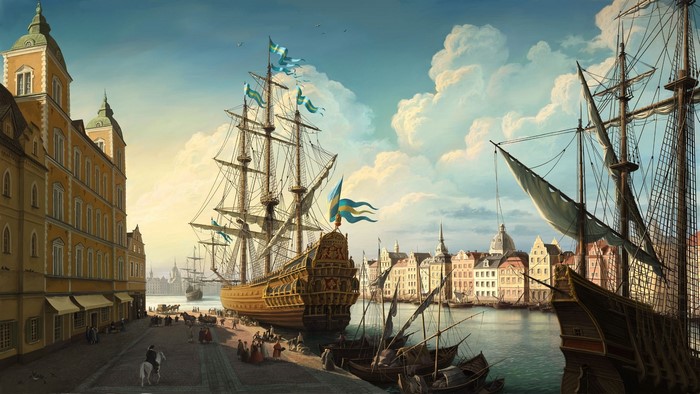Tall ship in port painting with buildings and people